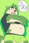 angry anthro belly blue_clothing blue_shirt blue_topwear boxer_briefs bulge clothing embarrassed eyebrows fur green_body green_boxer_briefs green_clothing green_eyes green_fur green_underwear male navel shirt slightly_chubby solo t-shirt thick_eyebrows topwear underwear undressing heylaw21 lifewonders live_a_hero mokdai canid canine canis domestic_dog mammal absurd_res hi_res