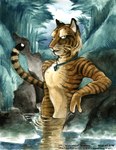 anthro fur jewelry male orange_body orange_fur pendant reflection solo stripes tail water amara_telgemeier felid mammal pantherine tiger 1998