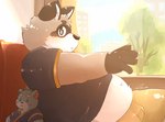 anthro belly blush bottomwear brown_body clothing duo humanoid_hands kemono male navel overweight overweight_male plushie shirt shorts sitting solo topwear 10_cosmo_24 bonasiah zoohomme rocco_(zoohomme) mammal procyonid raccoon 2021 hi_res