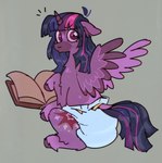ageplay book bottomwear clean_diaper clothed clothing cutie_mark diaper diaper_only equid equine female feral friendship_is_magic furgonomic_bottomwear furgonomics hair hasbro hi_res hooves horn horse infantilism lileli long_hair looking_at_viewer looking_back mammal my_little_pony mythological_creature mythological_equine mythology pony purple_eyes rear_view roleplay sitting solo topless twilight_sparkle_(mlp) unicorn white_diaper winged_unicorn wings