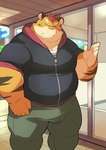 anthro bottomwear bulge clothing detailed_background eyes_closed hoodie humanoid_hands kemono male outside overweight overweight_male pants solo topwear ayame42612 felid mammal pantherine tiger 2022 absurd_res hi_res