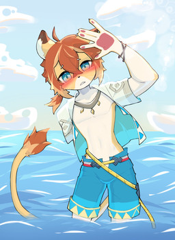 5_fingers ahoge anthro blue_eyes blush bottomwear clothed clothing cloud embarrassed fingers hair jewelry looking_at_viewer male necklace open_clothing open_topwear orange_hair sea shorts sky solo tail tied_hair topwear water young young_anthro young_male demdem118 cygames world_flipper teo_(world_flipper) felid lion mammal pantherine 2023 hi_res