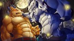 abs anthro barazoku biceps black_nose blue_eyes clothed clothing duo fur hair male male/male moon muscular muscular_anthro muscular_male pecs pinned smile white_body white_fur geppei5959 gyee chang_(gyee) yang_(gyee) canid canine canis mammal wolf 16:9 digital_media_(artwork) hi_res widescreen