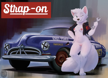 anthro car clothing female fur genitals jacket nipples pose solo text topwear vehicle vulva white_body white_fur pawprincess bad_dragon hudson_hornet arctic_fox canid canine fox mammal true_fox absurd_res english_text hi_res pinup