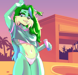 anthro beachwear bikini clothing cosplay crossover_cosplay female fur green_body green_fur loose_shirt piercing solo standing swimwear trend two-piece_swimsuit dragonwaffle grand_theft_auto_vi aria_lince felid feline lynx mammal crossover