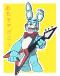 anthro blue_body bow_tie buckteeth eyebrows eyelashes eyeshadow femboy fingers green_eyes guitar machine makeup male musical_instrument open_mouth open_smile plucked_string_instrument red_cheeks simple_background smile solo string_instrument teeth text tongue white_body yellow_background artworkfanboibitch five_nights_at_freddy's five_nights_at_freddy's_2 scottgames toy_bonnie_(fnaf) animatronic lagomorph leporid mammal rabbit robot 2020 better_version_at_source irreplaceable_bvas japanese_text signature unavailable_at_source