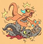 claws duo eating female fight flat_chested holding_object horn money nude open_mouth pica scared simple_background stressed tongue yellow_eyes rakkuguy coal_(rakkuguy) copper_(balthazar) kobold reptile scalie 2019