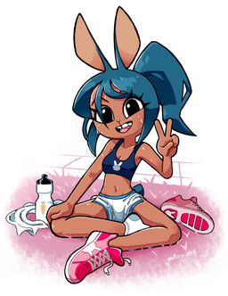 blue_hair bodily_fluids bottomwear bra clothed clothing dark_body dark_skin dolphin_shorts exercise female gesture hair hand_gesture looking_at_viewer midriff navel shorts solo sports_bra sweat underwear v_sign gaturo violeta_(gaturo) animal_humanoid humanoid lagomorph lagomorph_humanoid leporid leporid_humanoid mammal mammal_humanoid rabbit rabbit_humanoid absurd_res hi_res