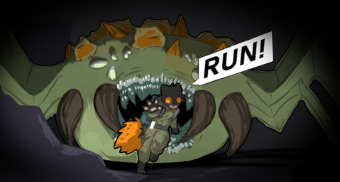 4_fingers anthro cave clothing dialogue dipstick_tail fangs fingers fur grey_body grey_fur jumpsuit markings orange_sclera panicked_look panicking reaching_towards_viewer rock running scared sharp_teeth solo tail tail_markings teeth barleys_shield casualties:_unknown arthropod elder_thornback_(casualities:_unknown) expie_(gunsawian) gunsawian thornback_(casualities:_unknown)