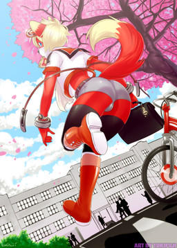 anthro back_groove bag bicycle biped black_clothing black_legwear black_nose black_thigh_highs blonde_hair blue_eyes boots bottomwear bracelet bulge butt clothed clothing cloud cosplay dipstick_tail femboy fluffy fluffy_tail footwear fur hair jewelry legwear looking_back male markings multicolored_body multicolored_fur outside plant rear_view red_body red_boots red_clothing red_footwear red_fur red_tail running school shirt shoes short_hair shorts silhouette sky solo standing stockings tail tail_markings text thigh_highs topwear tree two_tone_body two_tone_fur vehicle white_body white_fur white_tail window tokifuji canid canine fox mammal red_fox true_fox 2014
