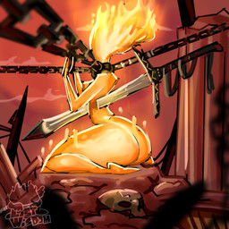 ambiguous_gender bound chain chained collar female fire kneeling melee_weapon ruins solo sword weapon lostwisdom elemental_creature elemental_humanoid humanoid 1:1 hi_res sketch