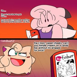 anthro big_breasts breasts cleavage clothed clothing dialogue dress duo electronics fangs female feral green_eyes male open_mouth phone pink_body red_eyes teeth text wings unfortu-nate nintendo pokemon chantelle_(unfortu-nate) clefable clefairy generation_1_pokemon pokemon_(species) 1:1 2026 comic digital_media_(artwork) english_text hi_res