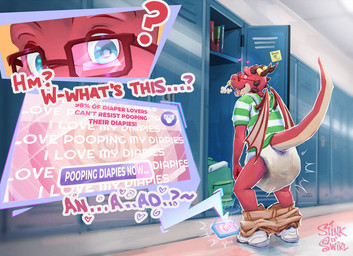 advertisement anthro back_wings blue_eyes bodily_fluids bottomwear bottomwear_down breath cellphone clothed clothing confusion crouching diaper dropping_object dropping_phone electronics eyewear facial_piercing feces footwear genital_fluids glasses hoodie horn hypnosis locker male mind_control nose_piercing nose_ring open_mouth open_smile partially_clothed phone piercing pooping question_mark raised_tail red_body red_scales ring_piercing scales school shoes shorts shorts_down smile sneakers soiled_diaper soiling soiling_diaper solo spiral spiral_eyes stuttering tail tongue tongue_out topwear unclean_diaper urine used_diaper using_diaper wet_diaper wetting wetting_diaper wings stinknswirl mythology snazzy_the_dragon dragon mythological_creature mythological_scalie scalie 2021 alternate_version_at_source