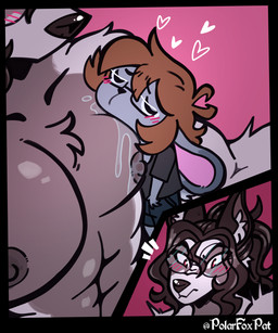 abs anthro big_muscles big_pecs black_hair blue_body blue_fur blush brown_eyes brown_hair brown_nose chest_tuft clothed clothed_anthro clothed_male clothing drooling_on_partner duo eyewear fully_clothed fully_clothed_anthro fully_clothed_male fur glasses grey_body grey_fur grey_nipples hair heart_symbol male male/male male_anthro muscular muscular_male nipples pec_sucking pecs red_eyes topless topless_anthro topless_male tuft polarfoxpat scoped_(bnuuyjournalist) taraki_(lucidvulpine) canid canine fox lagomorph mammal platinum_fox red_fox true_fox 5:6 absurd_res hi_res meme