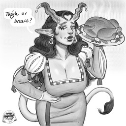 4_fingers accessory bangs big_breasts bite biting_lip biting_own_lip black_eyebrows black_hair black_lips black_tail_tuft breasts chicken_meat cleavage clothed clothed_humanoid clothing coif dialogue disembodied_head dress duo ear_piercing eyebrows eyelashes female female_humanoid fingers food furgonomics grey_body grey_clothing grey_dress grey_skin grey_tail hair holding_plate horn horn_accessory humanoid_pointy_ears leaning leaning_forward light lips long_hair long_tail looking_at_another looking_at_viewer meat noseless not_furry piercing pointy_ears roast_chicken self_bite simple_background smile smiling_at_viewer solo_focus speech_bubble tail tail_tuft talking_to_viewer text tuft wavy_hair white_background bingoblin lukka_(bingoblin) sunshine_(bingoblin) demon demon_humanoid horned_humanoid human humanoid mammal tailed_humanoid 1:1 2025 digital_drawing_(artwork) digital_media_(artwork) english_description english_text greyscale hi_res lighting monochrome shaded