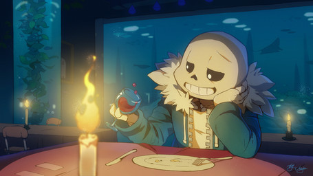 alcohol anterior_nasal_aperture aquarium beverage bone candle chair clothing detailed_background fire furniture inside male not_furry photo plant skeleton skull smile solo table vivarium wine neje undertale undertale_(series) napstablook sans_(undertale) animated_skeleton aquatic fish ghost humanoid ray_(fish) spirit stingray undead 16:9 hi_res signature widescreen
