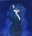 alternate_breast_size anthro blue_body blue_eyes blue_fur blue_hair breasts casual_nudity female fur hair looking_at_viewer looking_back nude rear_view russian simple_background smile solo tuft onehandsomefox sheep_and_wolves wizart_animation bianca_(sheep_and_wolves) canid canine canis mammal wolf digital_media_(artwork) medibang_paint_(artwork)