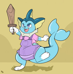 ambiguous_gender anthro big_diaper blue_body blue_nose blue_tail blush blush_lines clean_diaper clothed clothing cute_fangs diaper diaper_under_clothing fangs gloves_(marking) holding_melee_weapon holding_object holding_sword holding_weapon leg_markings logo markings melee_weapon multicolored_body narrowed_eyes on_one_leg open_mouth open_smile overalls pink_clothing pink_shirt pink_topwear purple_clothing purple_overalls shirt simple_background smile socks_(marking) solo standing sword tail teeth topwear weapon wearing_diaper white_body wooden_sword yellow_background young bubblepuppers nintendo pokemon puddles_(vaporeon) eeveelution generation_1_pokemon pokemon_(species) vaporeon 2021 artist_logo hi_res