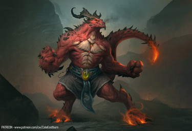4_fingers anthro belt bottomwear claws clothing digitigrade fingers fire fist flaming_tail horn male muscular muscular_male outside red_body red_scales scales skirt smile solo standing tail text cole_eastburn mythology dragon mythological_creature mythological_scalie scalie 2026 absurd_res digital_media_(artwork) hi_res url