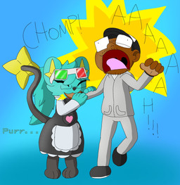 3d_glasses anthro baseball_cap bite biting_another biting_hand clothing dark_body dark_skin duo eyes_closed eyewear facial_hair femboy glasses hair hat headgear headwear jacket love_bite maid_uniform male open_mouth pain ponytail purring screaming simple_background tongue topwear uniform monterrioashmore nintendo pokemon crayon_(character) monterrio_ashmore_(character) generation_4_pokemon human mammal pokemon_(species) shinx hi_res