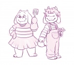 aged_down anthro clothing dress duo eyewear female flower glasses gloves hair handwear horn kitchen_spatula kitchen_utensils long_ears male overalls plant smile spatula tools watering_can young young_anthro bammeo undertale undertale_(series) asgore_dreemurr toriel boss_monster_(undertale) bovid caprine mammal 2016 monochrome sketch