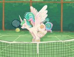 ball detailed_background eyes_closed feathered_wings feathers female feral grass hair hedge holding_object_in_mouth horn net plant ponytail running shrub solo sport sweatband tennis tennis_ball tennis_court tennis_net tennis_racket white_body wings saskaw friendship_is_magic hasbro my_little_pony mythology princess_celestia_(mlp) equid equine mammal mythological_creature mythological_equine winged_unicorn digital_media_(artwork) hi_res