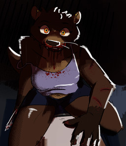anthro blood blood_on_face bodily_fluids breasts brown_body clothed clothing dark_room duo female fur glowing glowing_eyes hand_on_belly holding_melee_weapon holding_object holding_weapon looking_at_viewer male male/female melee_weapon on_lap simple_background smile tail teeth topwear weapon pimientanas evil_dead mammal mustelid otter