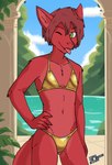 andromorph andromorph_anthro anthro bikini biped black_eyebrows black_text blue_sky brown_hair chest_tuft clothed clothed_andromorph clothed_anthro clothed_intersex clothing cloud day eyebrow_through_hair eyebrows fingers flesh_fang front_view fur gold_bikini gold_swimwear green_eyes hair hand_on_hip hand_on_own_hip humanoid_hands intersex intersex_anthro iris looking_at_viewer navel one_eye_closed outside pillar pink_tongue pointy_ears pupils red_body red_fur short_hair sky slim slim_andromorph slim_anthro slim_intersex slit_pupils smile smiling_at_viewer solo swimwear tail text tongue tongue_out translucent translucent_hair tuft two-piece_swimsuit water white_sclera wink winking_at_viewer terrathewizard mythology terra_(terrathewizard) dragon furred_dragon furred_scalie mythological_creature mythological_scalie scalie wingless_dragon artist_name english_description portrait three-quarter_portrait