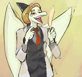 5_fingers anthro biped black_clothing black_shirt black_topwear blonde_eyebrows blonde_hair button_(fastener) clothing collared_shirt dress_shirt eyebrows feathers fingers gesture hair hand_gesture humanoid_hands jacket looking_forward male medium_hair necktie open_mouth open_smile pointing red_eyes red_necktie scales shirt simple_background smile solo teeth tongue topwear white_clothing white_jacket white_topwear wings yellow_background yellow_body yellow_scales latchk3y cavemanon_studios i_wani_hug_that_gator iadakan prehistoric_species pterosaur reptile scalie 2024 colored guide_lines half-length_portrait hi_res portrait shaded sketch unfinished