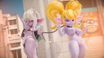 bikini breast_size_difference breasts chain choker clothing duo female female/female hair jewelry necklace nipple_piercing nipple_ring nipples piercing public public_nudity purple_body ring_piercing short_stack street swimwear two-piece_swimsuit white_hair teemoty league_of_legends riot_games tencent poppy_(lol) tristana_(lol) humanoid yordle 16:9 3d_(artwork) digital_media_(artwork) hi_res widescreen