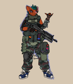 4_fingers ambiguous_gender anthro bag bottomwear camo camo_bottomwear camo_clothing camo_pants camo_print chest_rig clothed clothing dog_tags elbow_pads facial_scar fingerless_gloves fingers footwear front_view gesture gloves green_hair gun hair hand_gesture handwear holding_gun holding_object holding_ranged_weapon holding_rifle holding_weapon knee_pads looking_at_viewer notched_ear orange_body pants pattern_bottomwear pattern_clothing pattern_pants ranged_weapon rifle scar scarf scope shoes sneakers solo standing weapon boguscypress project_silverfish inheritor lizard reptile scalie 2026 hi_res signature