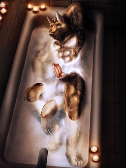 abs animal_genitalia animal_penis anthro balls bath biceps biped bodily_fluids brown_body brown_fur candle canine_genitalia canine_penis claws countershading cum cum_string erection fire fur genital_fluids genitals grin hand_behind_head knot leaking looking_at_viewer lying male muscular muscular_anthro muscular_male nude on_back pecs penis pose precum presenting sheath smile solo tan_body tan_fur toe_claws tongue water wet dream_and_nightmare canid canine canis domestic_dog german_shepherd herding_dog mammal pastoral_dog 2014 3:4