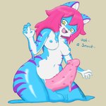 anthro blue_body breasts erection genitals gynomorph hair intersex nipples nude open_mouth penis pink_hair purple_stripes simple_background solo stripes text yellow_eyes missemmafur missemma felid goo_creature mammal pantherine tiger 1:1 digital_media_(artwork) hi_res