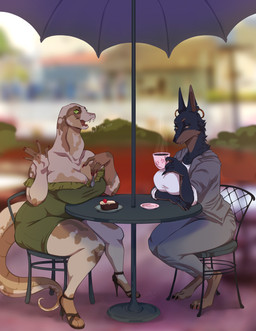 anthro beverage big_breasts bottomwear breasts cafe cake clothed clothing coffee container cup dessert digitigrade duo ear_piercing eating feet female food footwear fur furniture high_heels holding_object open_mouth piercing shoes simple_background suit text thick_thighs topwear wide_hips yapping nastypasty beatrice_(the7thprimarch) canid canine canis dobermann domestic_dog mammal pinscher reptile scalie snake absurd_res english_text hi_res