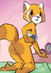 aggretsuko ailurid anthro bed biped black_eyes blush bottomless bra butt cellphone clothed clothing electronics female fluffy fluffy_tail fur furniture genitals holding_object holding_phone inside kneeling looking_back mammal on_bed open_mouth open_smile orange_body orange_fur orange_tail phone pussy red_panda retsuko sanrio smile solo tail toxoglossa underwear