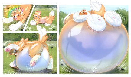 belly big_belly blush blush_lines blushing_profusely border close_to_bursting crown feral headgear huge_belly hyper hyper_belly immobile implied_popping inflatable inflation liquid_inflation motion_lines rainbow spherical_inflation sprinkler text uwu water_inflation white_border chibichuuwu animate_inanimate canid canine canis domestic_dog herding_dog living_inflatable mammal pastoral_dog welsh_corgi 2025 absurd_res artist_name comic hi_res