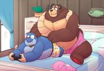 anthro bed bedroom belly blue_body brown_body brown_fur clothing controller detailed_background duo eyes_closed fur furniture game_controller gaming inside lying male male/male overweight overweight_male pillow playing_video_game sitting underwear leothelionel the_human_heart_(game) cade_maplebottom dylan_ramos bear eulipotyphlan mammal mole_(animal) 2021 hi_res