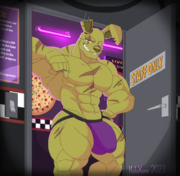 abs anthro balls big_balls big_bulge big_muscles big_pecs bulge clothing detailed_bulge eye_scar facial_scar fur genitals huge_bulge jockstrap machine male muscular muscular_male pecs scar sharp_teeth solo teeth underwear yellow_body yellow_fur holoxone five_nights_at_freddy's five_nights_at_freddy's_3 scottgames springtrap_(fnaf) animatronic lagomorph leporid mammal rabbit robot