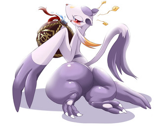 ambiguous_gender anthro bent_over big_butt blush butt drunk female huge_butt looking_at_viewer looking_back open_mouth paws raised_tail red_eyes simple_background smile solo substance_intoxication tail thick_thighs white_background wide_hips ukan_muri nintendo pokemon generation_5_pokemon mienshao pokemon_(species)