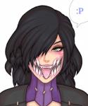 black_hair blush female hair lips looking_at_viewer not_furry sharp_teeth simple_background solo speech_bubble teeth tongue tongue_out white_background yellow_eyes puroburebu-dan mortal_kombat mileena humanoid monster monstrous_humanoid tarkatan hi_res