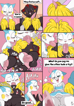 animal_genitalia anthro anus balls bed big_tail black_body black_fur bodily_fluids bottomwear buckteeth cheerleader_outfit clothed clothed_male clothing crop_top crossdressing dialogue digitigrade duo erection eyes_closed fellatio fur furniture genitals handjob heart_symbol looking_at_another looking_at_partner looking_pleasured lying lying_on_bed male male/male midriff multicolored_body multicolored_fur no_underwear nude_male on_back on_bed oral penile penis pink_body pink_fur pom_poms red_body red_fur rosy_cheeks saliva saliva_on_penis sex sheath shirt skirt speech_bubble spiked_tail spikes spikes_(anatomy) tail teeth text topwear two_tone_body two_tone_fur white_body white_fur fuf nintendo pokemon tack_(petokikka) generation_4_pokemon pachirisu pokemon_(species) 2026 absurd_res comic english_text hi_res