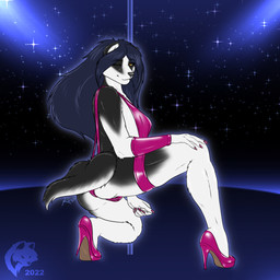 5_fingers anthro armwear big_breasts bikini black_body black_fur black_nose blue_hair breasts claws clothed clothing cosmic_background crouching female finger_claws fingers footwear fur hair hand_on_knee hand_on_leg high_heels humanoid_hands latex latex_clothing legband long_hair looking_at_viewer multicolored_body multicolored_fur one-piece_swimsuit one_eye_closed platform_footwear platform_heels pole pose pumps shoes sling_bikini smile solo starry_background stripper stripper_pole swimwear thick_thighs two-piece_swimsuit two_tone_body two_tone_fur white_body white_fur ghostwolf fiona_black badger mammal mustelid musteline 1:1 2022 digital_media_(artwork) flat_colors signature