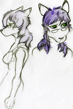 anthro bra breasts clothing concern eyewear female front_view glasses green_eyes hair long_hair purple_hair side_view simple_background solo standing underwear white_background harpseal jennet_lann_long canid canine hybrid kangaroo macropod mammal marsupial 2:3 bust_portrait hi_res portrait three-quarter_portrait traditional_media_(artwork)