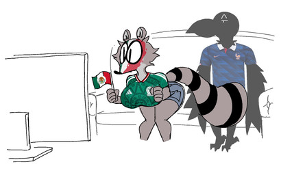 anthro beak big_breasts big_butt bodypaint bottomwear breasts butt clothing duo electronics face_paint female flag flag_(object) huge_breasts male shirt shorts simple_background television topwear watching_television white_background world_cup diegutan uva_the_raccoon avian bird human mammal procyonid raccoon 16:10 hi_res widescreen