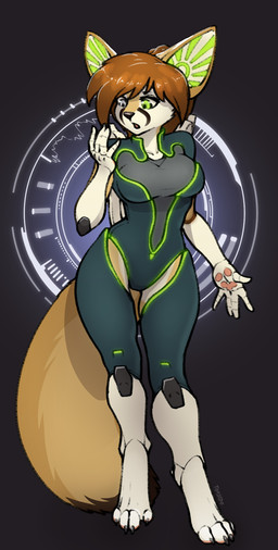 anthro barefoot biped bodysuit brown_hair clothed clothing cocked_hip collarbone digitigrade dipstick_tail feet female fur gloves green_eyes hair handwear looking_at_hand machine markings open_mouth pawpads paws short_snout simple_background skinsuit snout solo standing tail tail_markings technology tight_clothing wide_hips tokaido canid canine fennec_fox fox mammal robot true_fox signature