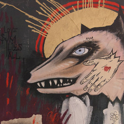 accessory ambiguous_gender anthro clothing disembodied_hand flower humanoid_hands limbless necktie plant sharp_teeth solo suit sun teeth text sentrock ajj_(band) knife_man_(album) canid canine canis mammal wolf 1:1 album_cover bust_portrait cover icon official_art painting_(artwork) portrait