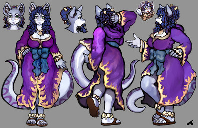 anklet anthro black_hair bracelet braided_hair breasts cleavage clothed clothing digit_ring feet female footwear green_eyes grey_body grey_skin hair jewelry ring robe sandals shoes solo tail toe_ring toes cycadaacolyte f.m.merill nirmala_firestarter nirmala_newt amphibian newt pompetune salamander scalie absurd_res hi_res