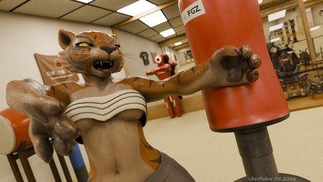 4_fingers angry anthro athletic athletic_anthro athletic_female backhand_slap bandage bandaged_chest black_body black_fur black_pawpads black_stripes bodily_fluids bottomwear ceiling_lamp claws clothing dojo drum dummy exercise feline_nose female finger_claws fingers fur lamp martial_arts mirror multicolored_body muscular muscular_female musical_instrument open_mouth orange_body orange_fur pants pawpads percussion_instrument punch punching_bag red_eyes solo stripes sweat sweatdrop sweatpants sweaty_body teeth training_dummy two_tone_body whiskers white_body white_fur yelling yellow_sclera uberpuber sladdoska_(modeler) dreamworks kung_fu_panda master_tigress felid feline felis mammal pantherine tiger 16:9 2026 3d_(artwork) 4k absurd_res blender_(artwork) blender_cycles_(artwork) digital_media_(artwork) hi_res huge_filesize widescreen