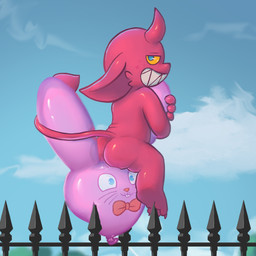 anthro balloon balloon_fetish bow_tie butt cloud detailed_background fence freckled_butt freckled_face freckles fuschia half-closed_eyes hug imminent_impalement inflatable male narrowed_eyes outside pink_balloon presenting presenting_hindquarters print_balloon red_body red_skin sharp_teeth side_view sitting solo tail teeth young young_anthro young_male badipoki imp 1:1 absurd_res hi_res