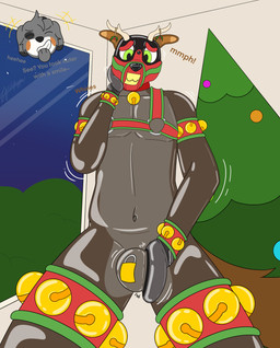 animal_hood anthro bdsm bell bell_collar bondage bound bulge chastity_bulge chastity_device christmas_tree clothing collar cuff_(restraint) fur handwear harness headgear headwear holidays horn latex latex_clothing latex_skinsuit lock_bulge lock_symbol male mittens muzzle_(object) muzzled nude null_bulge petplay plant post-it_note restraints roleplay simple_background skinsuit smile solo tail text tight_clothing tree wildpupper christmas canid canine canis jackal mammal absurd_res digital_media_(artwork) english_text hi_res